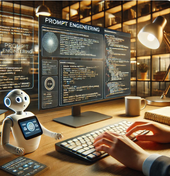 Person using prompt engineering to interact with an AI system in a modern workspace with multiple screens.