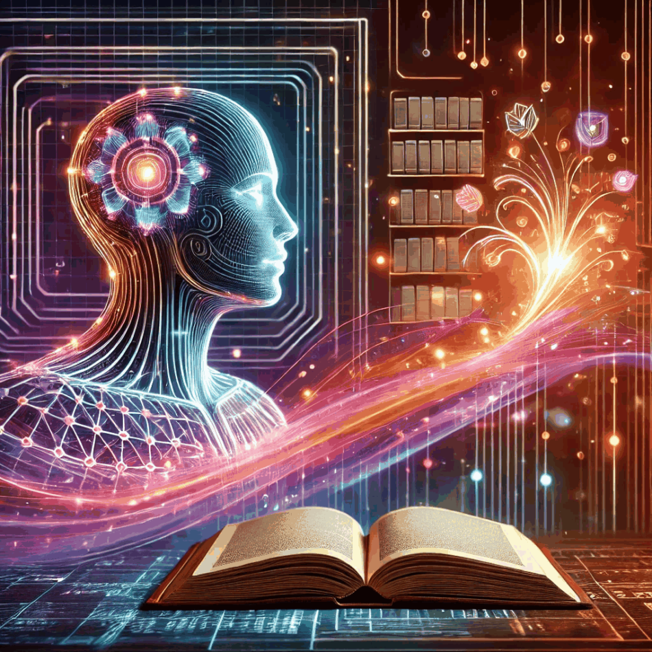 A futuristic AI figure connected to open books and databases via flowing data streams, symbolizing Retrieval-Augmented Generation (RAG) with a dynamic blend of technology and knowledge.